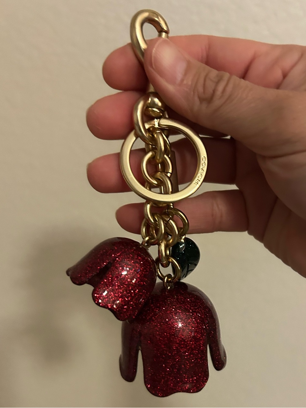 Coach Resin Red Glitter Tea Rose Green Leaf Handbag Charm Keychain